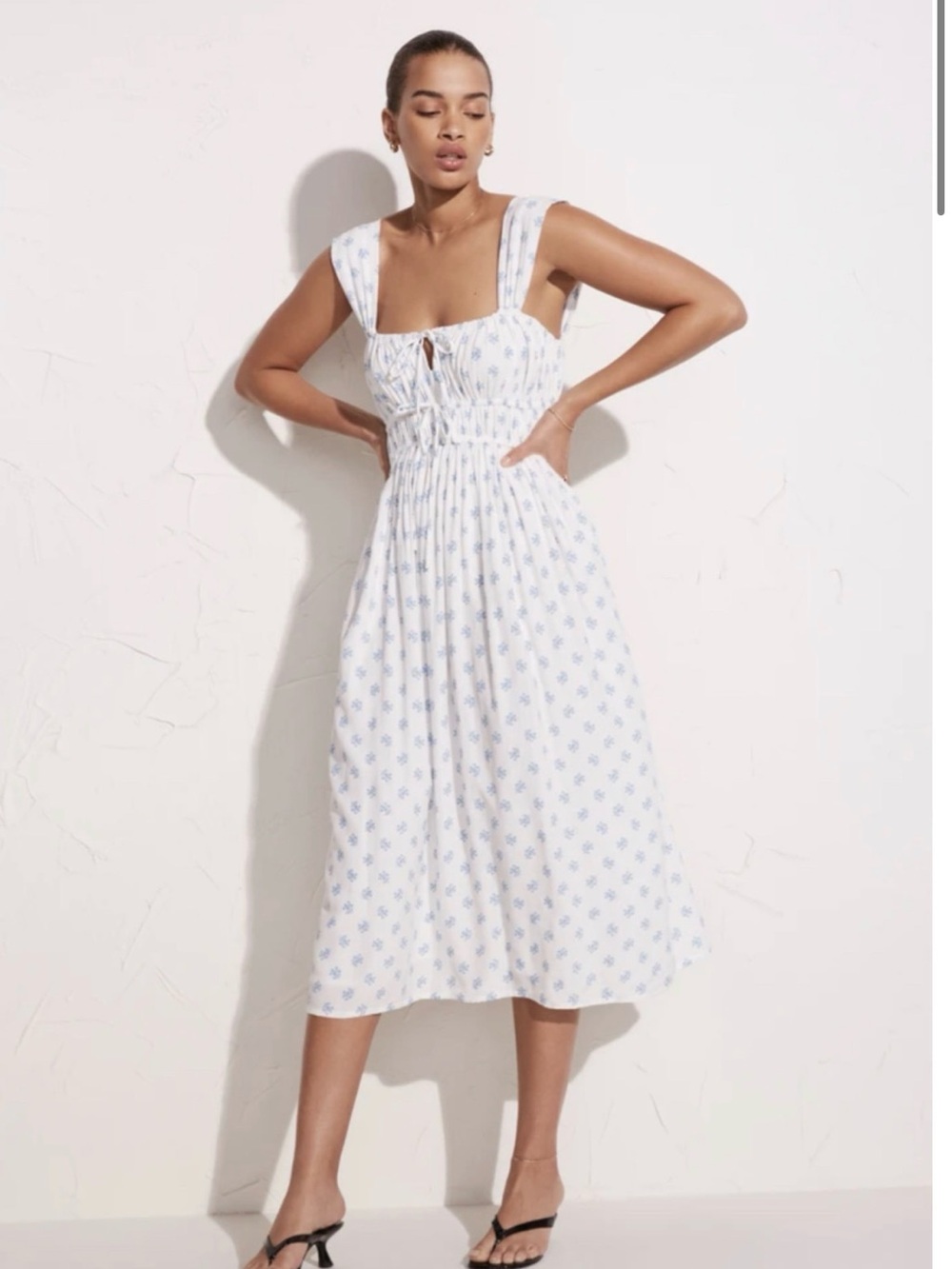 Faithfull the Brand White Midi Dress with Light Blue Floral Print
